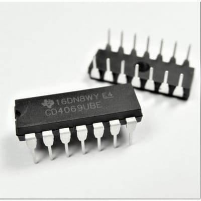 CD4069 Not Gate Hex Inverter IC DIP14 - two black 14-pin DIP integrated circuits with silver metal pins against a plain white background.