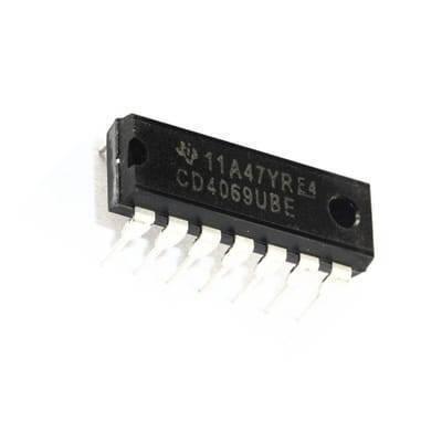 CD4069 Not Gate Hex Inverter IC DIP14 - a black 14-pin integrated circuit chip with white text printed on its surface, shown from a top-down angle.