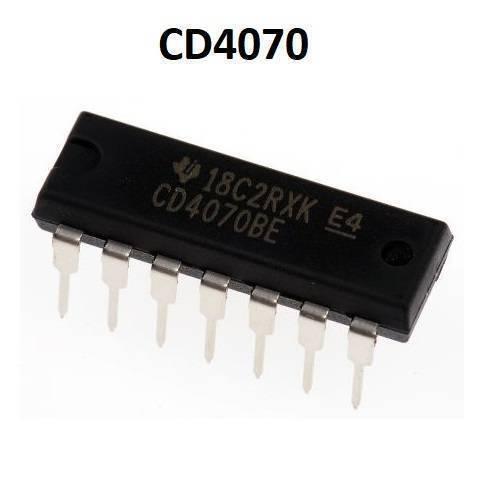 CD4070 Quad Xor Gate IC - a black rectangular integrated circuit with 14 metal pins, showing the text "CD4070BE" and "18C2RXK E4" on its top surface.
