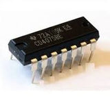CD4075 Triple 3-input Or Gate IC - a black rectangular electronic component with 14 metal pins, viewed from a high angle against a white background.