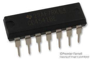 CD4541BE - a black, rectangular electronic integrated circuit chip with fourteen metal pins arranged in two rows of seven.