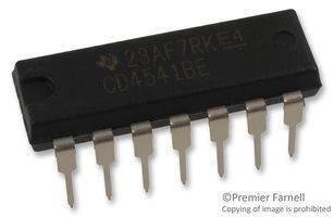 CD4541BE - a black, rectangular electronic integrated circuit chip with fourteen metal pins arranged in two rows of seven.