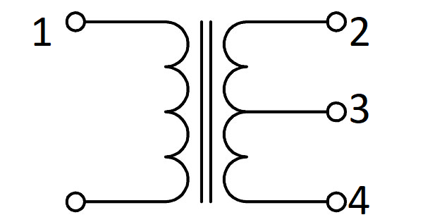 Center Tapped Transformer - a black and white circuit diagram showing a primary coil on the left and a secondary coil with a center tap on the right.