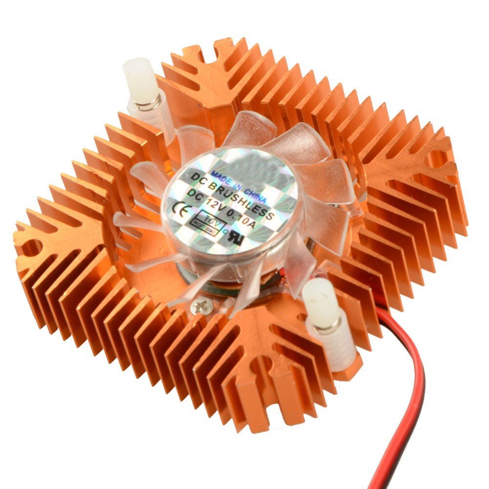 Centiot - 2 Pin Graphics Cards Cooling Fan Aluminum Heatsink Cooler Fit For Personal Computer CPU GPU And Peltier (55mm 2pin Gold) - a square gold-colored aluminum heatsink with a central fan and two white plastic mounting pins.