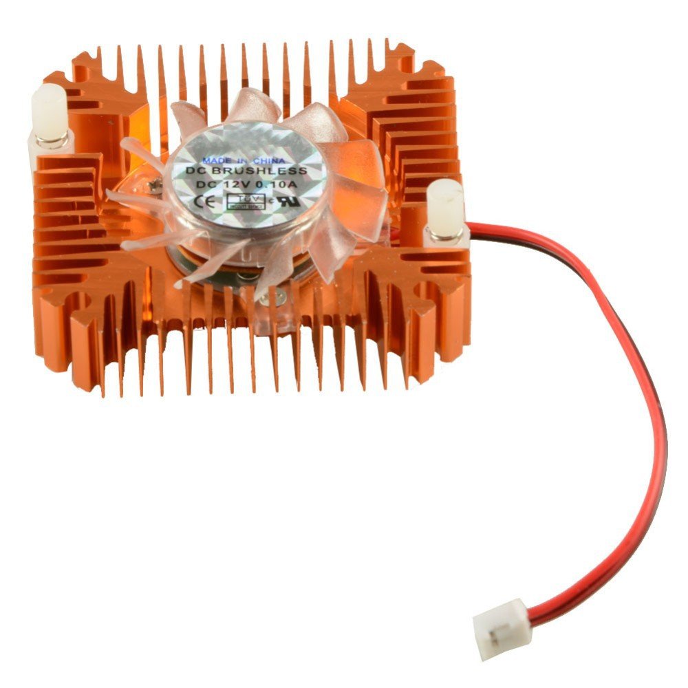 Centiot - 2 Pin Graphics Cards Cooling Fan Aluminum Heatsink Cooler Fit For Personal Computer CPU GPU And Peltier (55mm 2pin Gold) - a gold-colored aluminum heatsink with a central cooling fan, two white mounting pins, and a red-black wire.