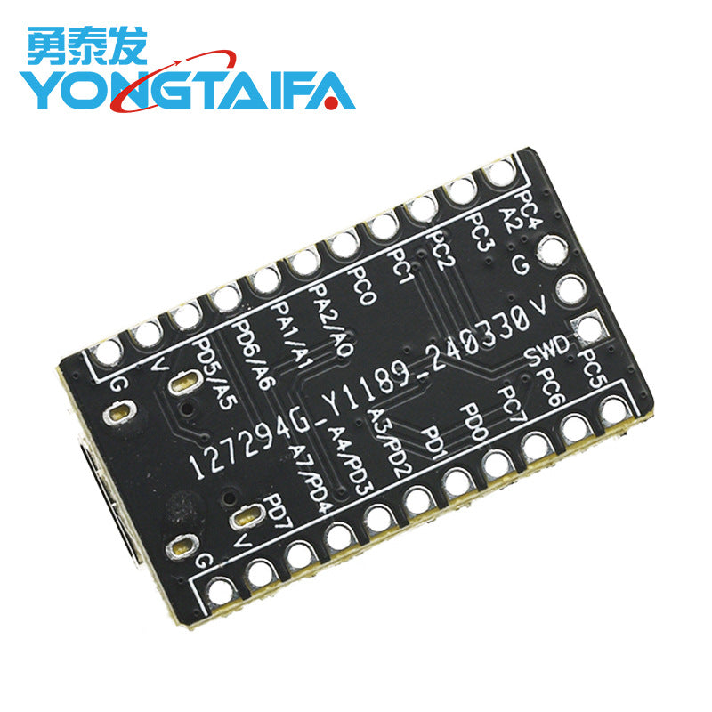 CH32V003F4P6 Risc-v Microcontroller Development Board | Best Price | Digilog - a rectangular black circuit board with gold-plated pin headers and white printed labels.