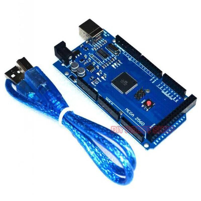 CH340 Arduino Mega 2560 With Cable - blue USB cable, showing the blue circuit board with a reset button, USB port, power jack, and black pin headers.