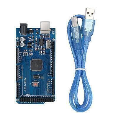 CH340 Arduino Mega 2560 With Cable - a blue microcontroller board with a USB port and power jack, accompanied by a blue USB-A to USB-B cable.
