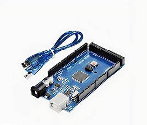 CH340 Arduino Mega 2560 With Cable - a blue microcontroller board with a USB port, power jack, and a reset button, accompanied by a blue USB cable.