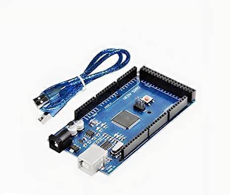 CH340 Arduino Mega 2560 With Cable - a blue microcontroller board with a USB port, power jack, and a reset button, accompanied by a blue USB cable.