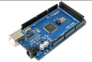 CH340 Arduino Mega 2560 With Cable - a blue rectangular circuit board with black pin headers, a USB port, a power jack, and a reset button.