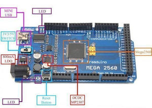 CH340 Arduino Mega 2560 With Cable - a blue microcontroller board with a mini USB port, power switch, reset button, and labeled components including the Mega2560 chip.