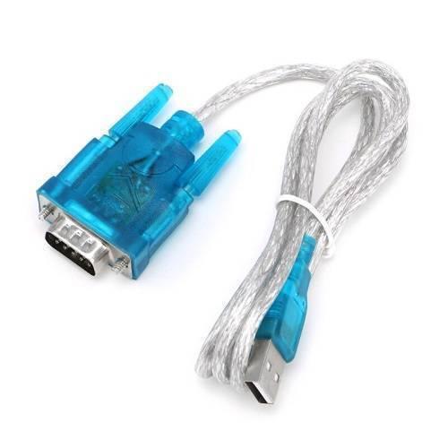 CH340 USB To Serial USB To RS232 Converter DB9 - a blue translucent DB9 connector, a clear shielded cable, and a blue USB-A connector.