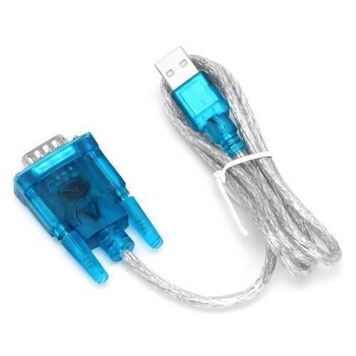 CH340 USB To Serial USB To RS232 Converter DB9 - a blue DB9 serial connector and a blue USB-A connector joined by a silver braided cable.