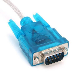 CH340 USB To Serial USB To RS232 Converter DB9 - a blue translucent DB9 male connector head attached to a silver braided cable.
