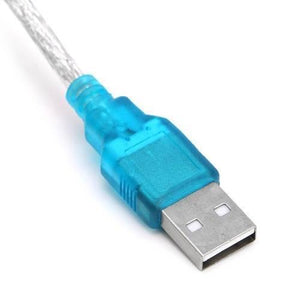 CH340 USB To Serial USB To RS232 Converter DB9 - a close-up of the transparent blue USB-A connector and a portion of the attached cable.