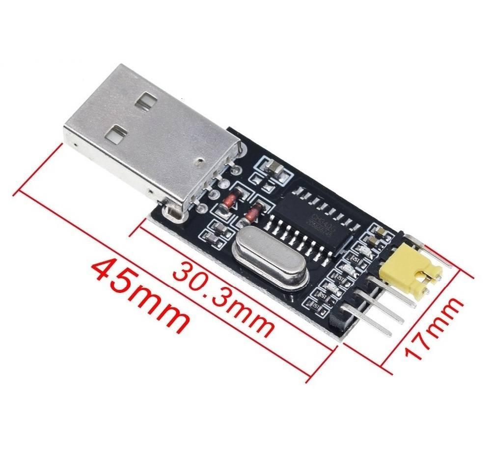 CH340G USB To TTL(serial) Converter For Arduino Nano Raspberry Pi - a black circuit board with a USB-A connector, silver crystal oscillator, and header pins, shown with dimension labels.
