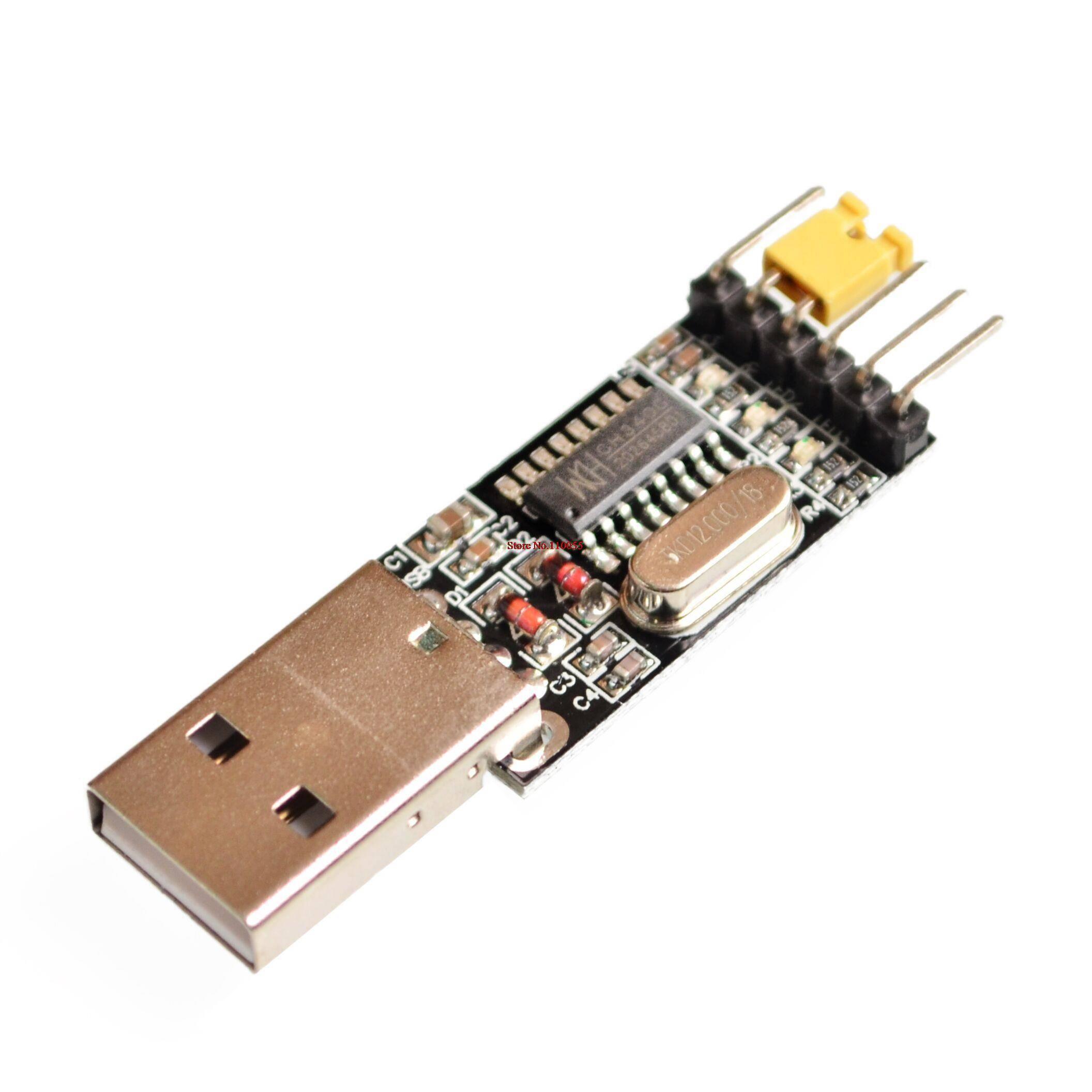 CH340G USB To TTL(serial) Converter For Arduino Nano Raspberry Pi - a black circuit board with a USB-A connector, a CH340G chip, a 12.000 crystal oscillator, and a yellow jumper cap.