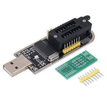 CH341A Programmer For Dish Tv Laptop Memory IC - a black USB circuit board with a ZIF socket, a separate green adapter board, and a yellow header pin strip on a white background.