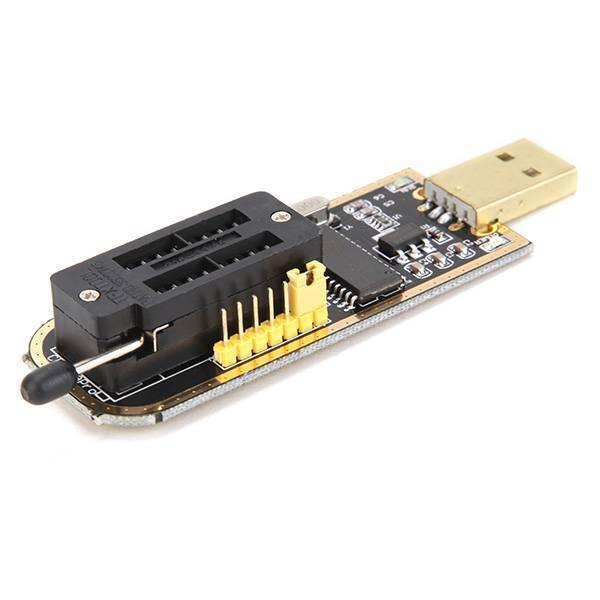 CH341A Programmer For Dish Tv Laptop Memory IC - a black circuit board featuring a ZIF socket with a lever, a yellow pin header, and a USB connector.