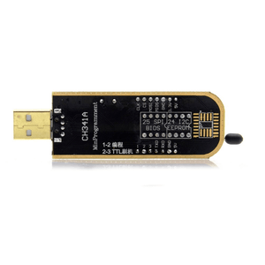 CH341A Programmer For Dish Tv Laptop Memory IC - a black and gold USB device featuring a USB-A connector, a 25 SPI BIOS socket, a 24 I2C EEPROM socket, and labeled pin headers.