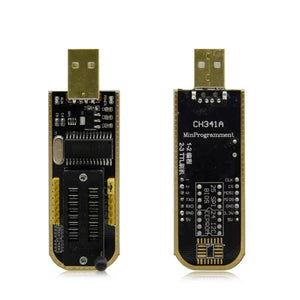 CH341A Programmer For Dish Tv Laptop Memory IC - shown from front and back, featuring a black PCB, gold USB connector, ZIF socket, and pin headers.