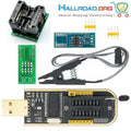 CH341A Programmer + Socket + SOP8 Test Clip For Dish Tv Laptop Memory IC Programmer - kit including a black USB programmer, a green SOP8 socket adapter, a green PCB board, a black IC test clip, and two yellow pin headers.