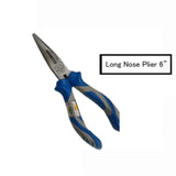 China 6 Inch_long Nose Plier - a 6-inch long-nose plier with blue and grey ergonomic handles and a metal head, next to a text label.