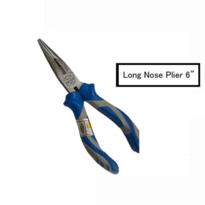 China 6 Inch_long Nose Plier - a 6-inch long-nose plier with blue and grey ergonomic handles and a metal head, next to a text label.