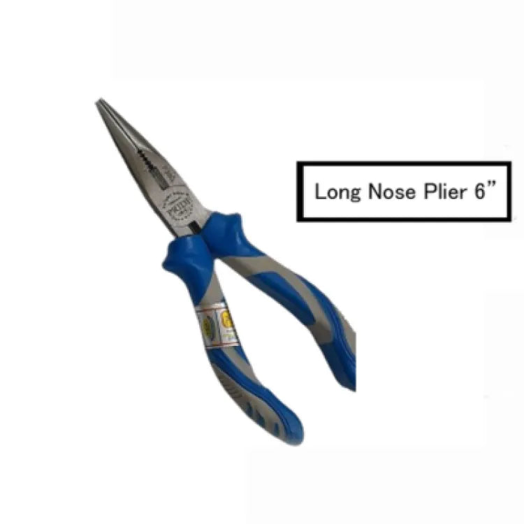 China 6 Inch_long Nose Plier - a 6-inch long-nose plier with blue and grey ergonomic handles and a metal head, next to a text label.