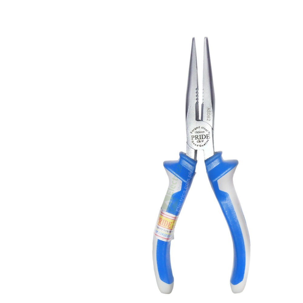 China 6 Inch_long Nose Plier - a metal tool with blue and grey rubberized handles and a Pride brand logo printed on the steel neck.