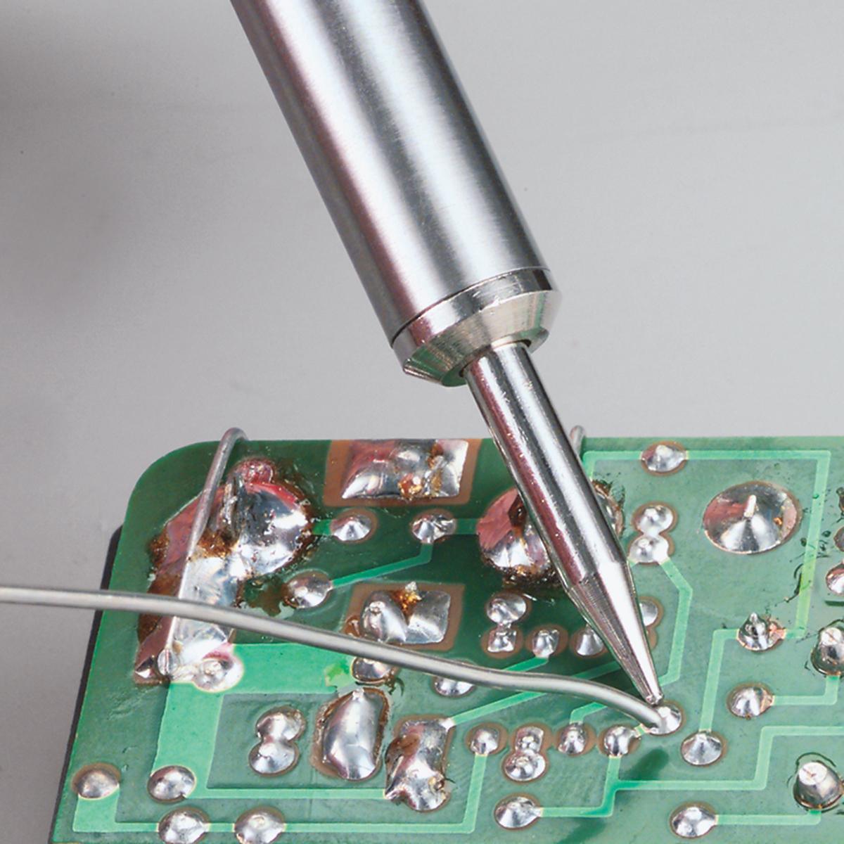 China 800 Gram Soldering Wire - shown in a close-up as a thin silver strand being applied to a green printed circuit board by a metal soldering iron tip.