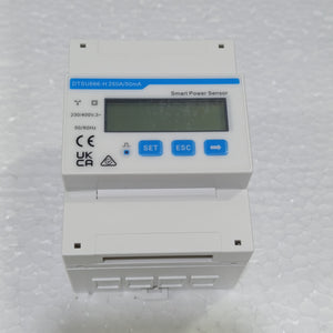 Chint 3 Phase Smart Power Sensor DTSU666-H Smart Meter - a white, rectangular DIN-rail meter featuring a blank LCD screen, three blue control buttons, and text labels.