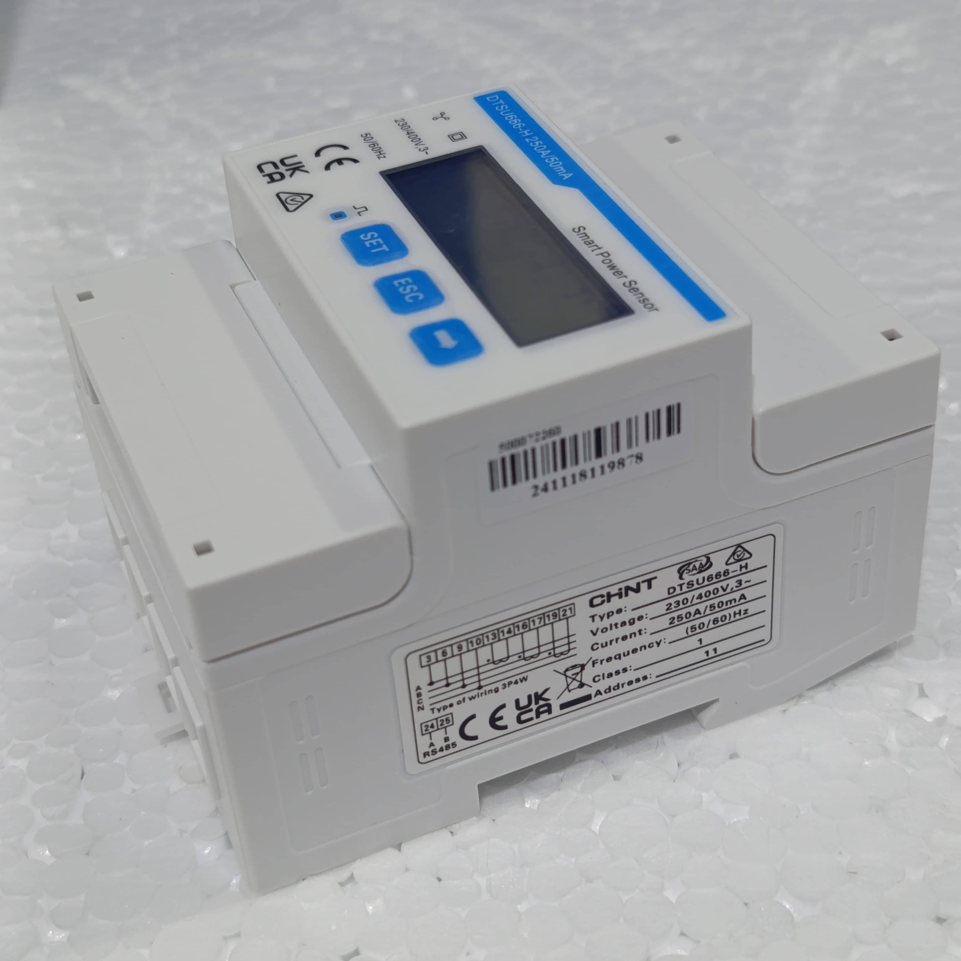 Chint 3 Phase Smart Power Sensor DTSU666-H Smart Meter - a white, rectangular DIN-rail meter featuring a digital display, three control buttons, and wiring ports.
