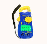 CHY 88G Auto Range Clamp Multimeter - blue body with yellow jaw, green backlit display and wrist strap