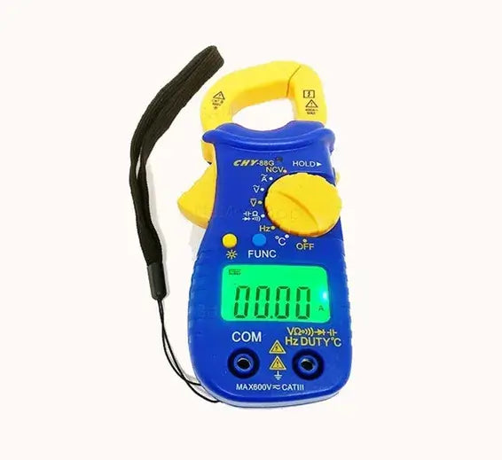 CHY 88G Auto Range Clamp Multimeter - blue body with yellow jaw, green backlit display and wrist strap