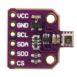Cjmcu-680 BME680 Bosch Temperature And Humidity Pressure Sensor Ultra-small Pressure Height Development Board - a purple rectangular circuit board with six gold-plated pin holes labeled VCC, GND, SCL, SDA, SDO, and CS.