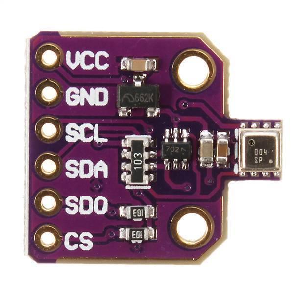 Cjmcu-680 BME680 Bosch Temperature And Humidity Pressure Sensor Ultra-small Pressure Height Development Board - a purple rectangular circuit board with six gold-plated pin holes labeled VCC, GND, SCL, SDA, SDO, and CS.