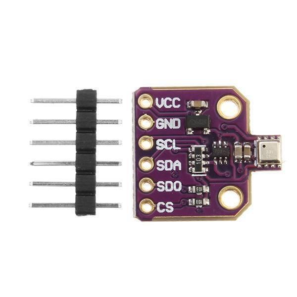 Cjmcu-680 BME680 Bosch Temperature And Humidity Pressure Sensor Ultra-small Pressure Height Development Board - a purple circuit board with six labeled pins and a separate six-pin header strip on a white background.