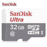 Class 10 Sandisk 32GB Ultra Micro SD Card For Raspberry Pi - microSDHC UHS-I memory card shown face-on, with the Class 10 marking and red and grey SanDisk branding.