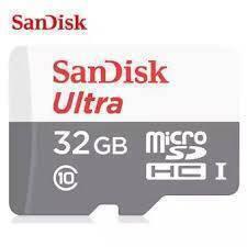 Class 10 Sandisk 32GB Ultra Micro SD Card For Raspberry Pi - microSDHC UHS-I memory card shown face-on, with the Class 10 marking and red and grey SanDisk branding.
