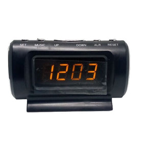 Clock Thermometer KS-782A-5 1 Display Orange, Auto Cigarette Lighter - a black digital clock with an orange display showing 12:03 and top buttons labeled SET, MUSIC, UP, DOWN, ALR, and RESET.