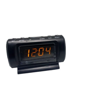 Clock Thermometer KS-782A-5 1 Display Orange, Auto Cigarette Lighter - a black digital clock with an orange display showing 12:04 and top buttons labeled SET, MUSIC, UP, DOWN, ALR, and RESET.