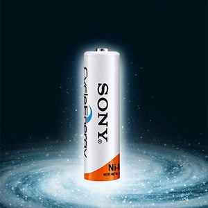 Clone 2 Pcs Sony Ni-MH AA 1.2V 500mAh To 1000mAh Rechargeable Battery - a white cylindrical battery with orange branding, standing upright against a digital blue swirling background.