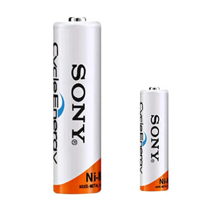 Clone 2 Pcs Sony Ni-MH AA 1.2V 500mAh To 1000mAh Rechargeable Battery - two white and orange Sony CycleEnergy rechargeable batteries of different sizes.