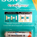 Clone 2pcs AAA Rechargeable Cell 1.2V Sony Cycle Energy Cell - in original blue and white blister packaging showing battery specifications and icons.