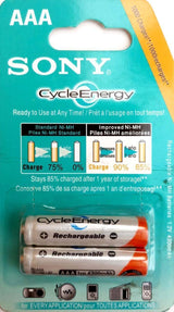 Clone 2pcs AAA Rechargeable Cell 1.2V Sony Cycle Energy Cell - in original blue and white blister packaging showing battery specifications and icons.