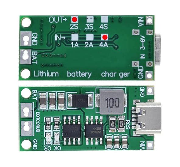 CN3302 Type-C 2S Lithium Battery Charger Module – 8.4V Step-Up Boost Charging Board (3–6V USB-C Input) - top and bottom views of the green circuit board with a USB-C port and solder pads.