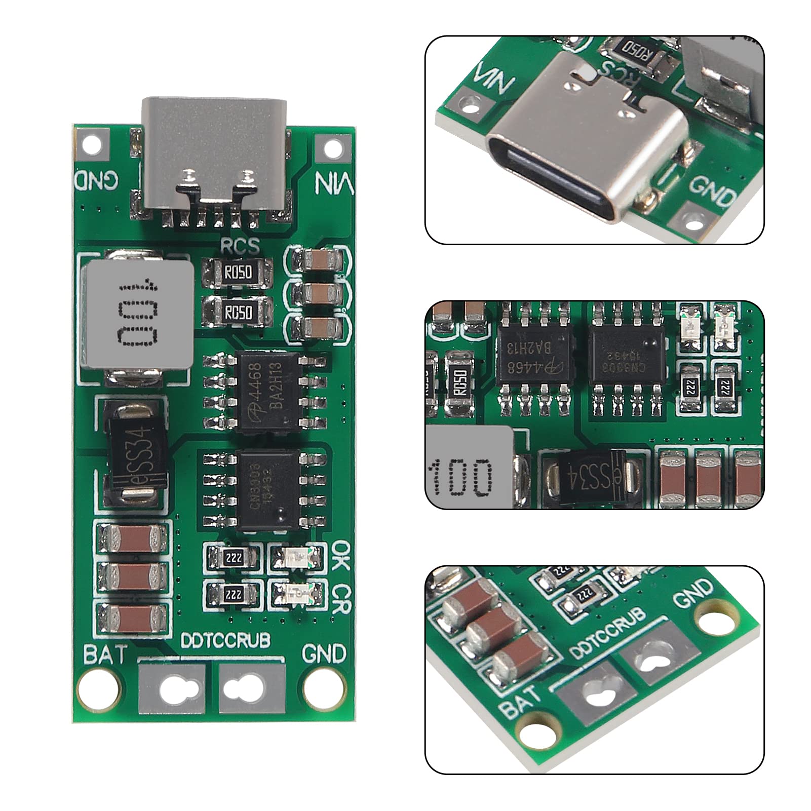 CN3303 4A 3S Type C 11.1V Step-Up Boost LiPo Polymer Li-ion Charger 12.6Vdc 18650 Lithium Battery - shown in full top view and two close-up detail shots of the USB-C port, integrated circuits, and battery terminals.