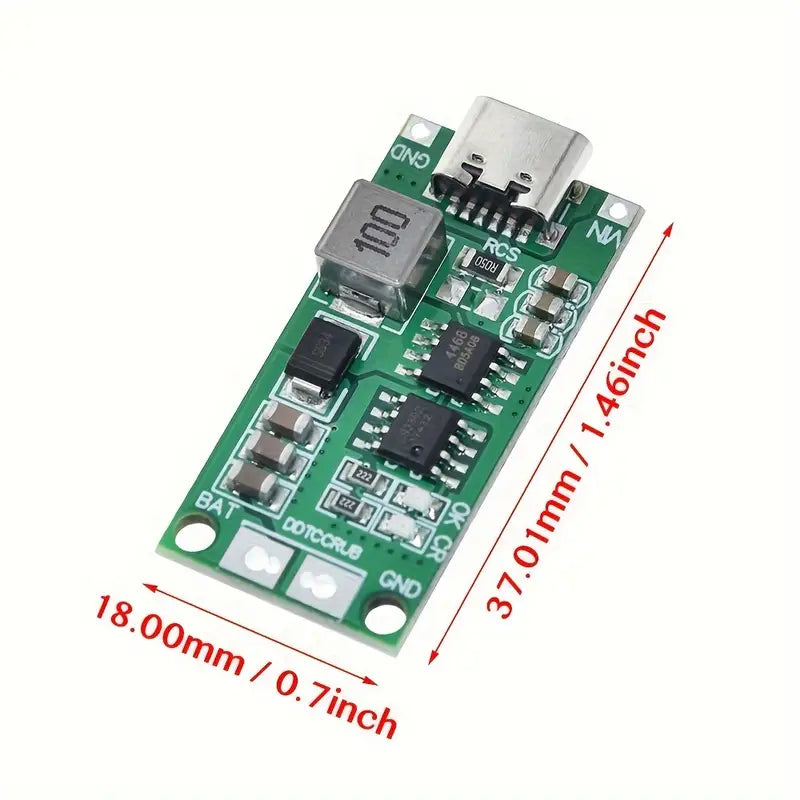 CN3303 4A 3S Type C 11.1V Step-Up Boost LiPo Polymer Li-ion Charger 12.6Vdc 18650 Lithium Battery - a green rectangular circuit board with a USB-C port, electronic components, and red dimension measurement labels.